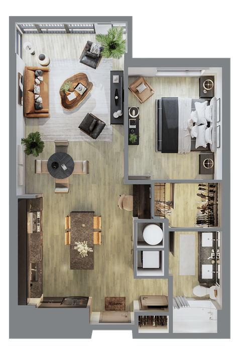 3d floor plan of a house with a bedroom and a living room at Bemiston Place Apartments, Missouri, 63105